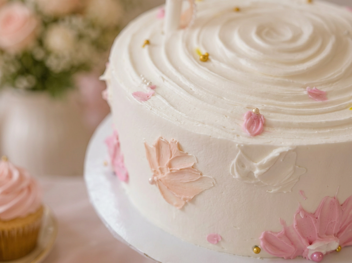 'Oh Baby' Floral Baby Shower Cake — closeup view