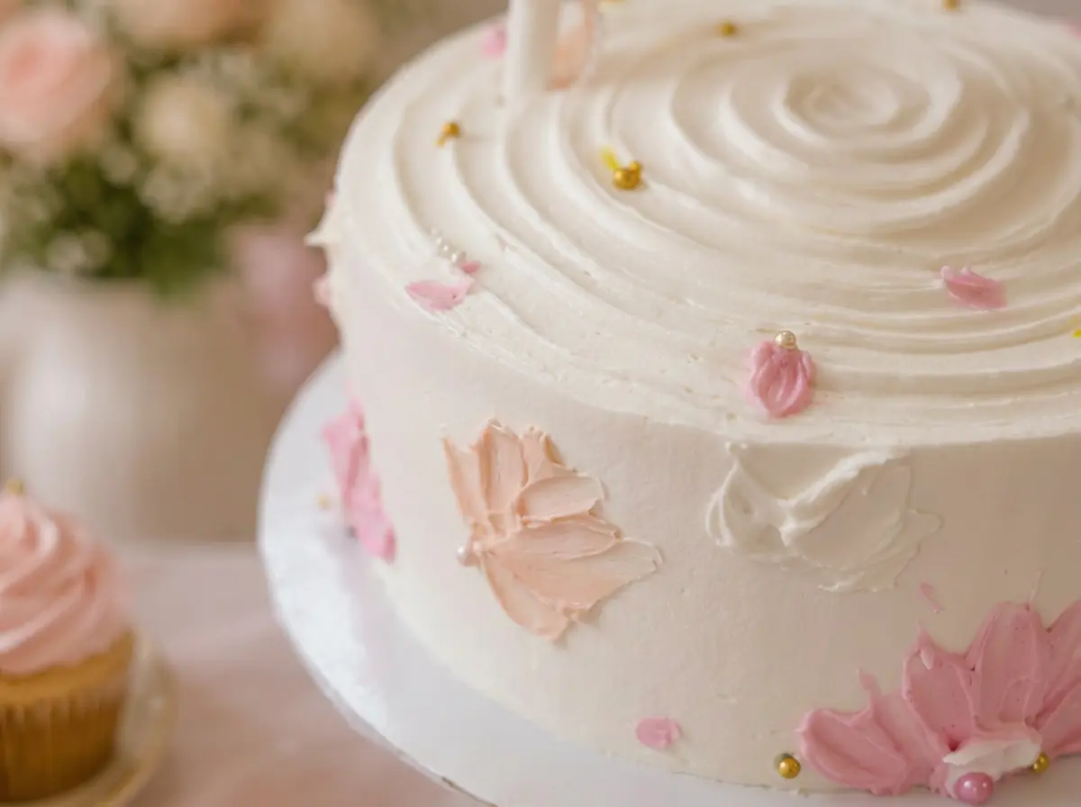 'Oh Baby' Floral Baby Shower Cake — closeup view