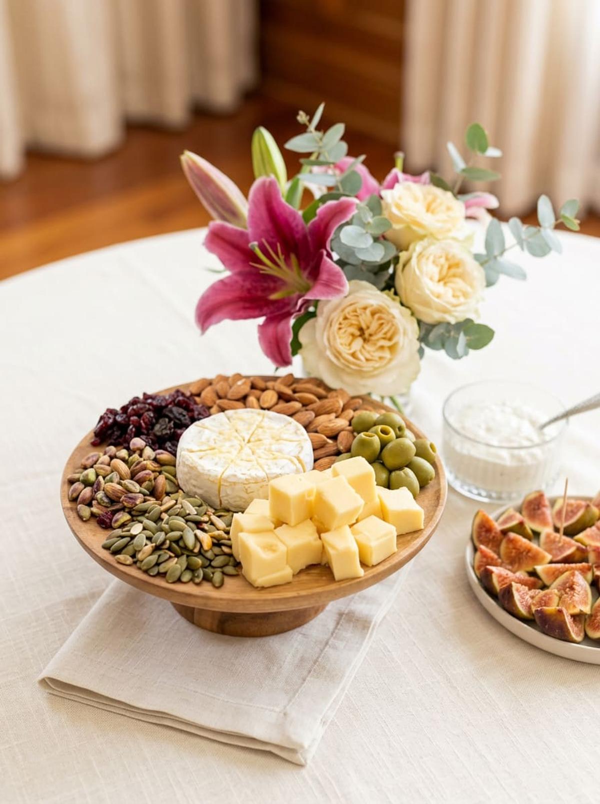 Cheese board with brie, cheddar, olives and nuts beside fresh lilies