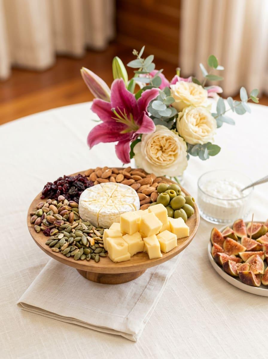 Cheese board with brie, cheddar, olives and nuts beside fresh lilies