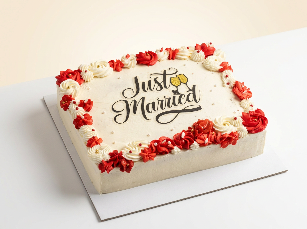 Red & White 'Just Married' Cake — studio view
