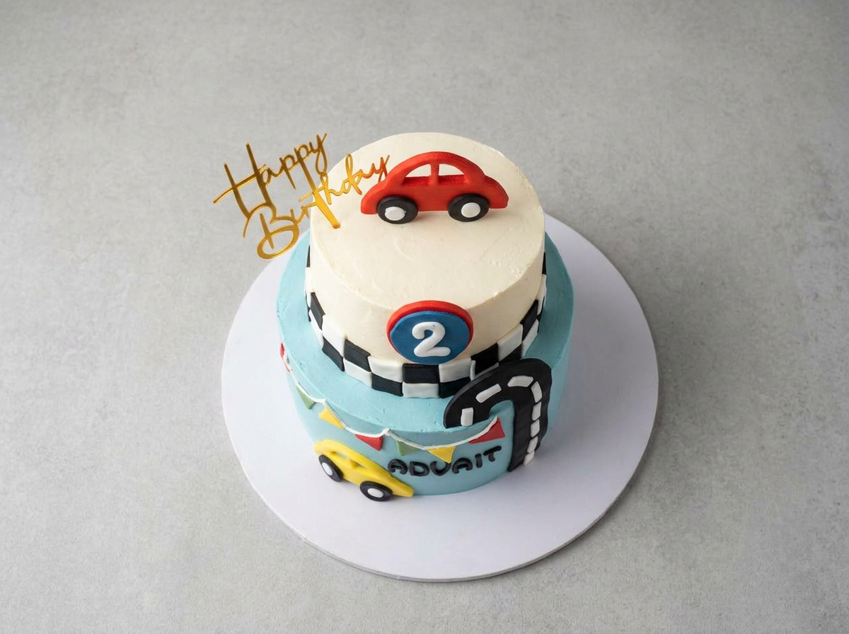 Little Racer Car Birthday Cake — topdown view