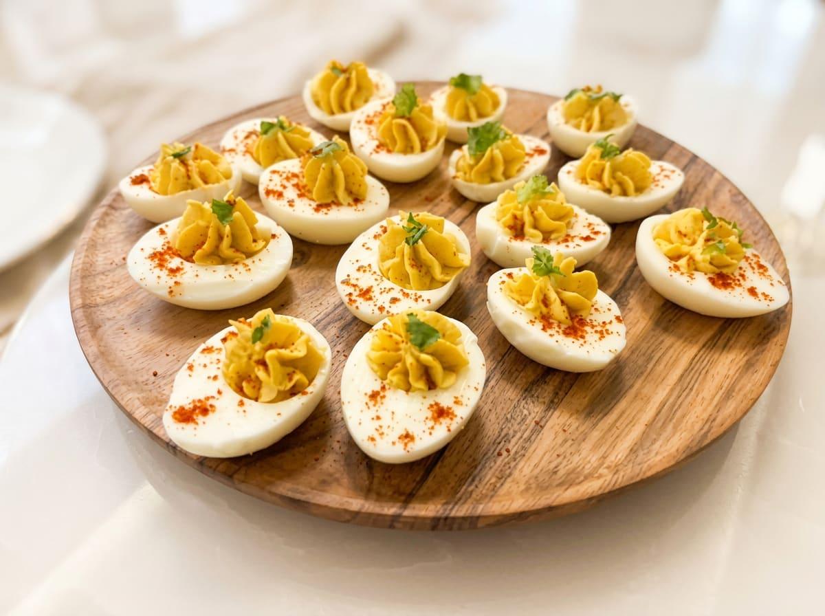 Deviled eggs with piped spiced yolk and paprika on a wooden board