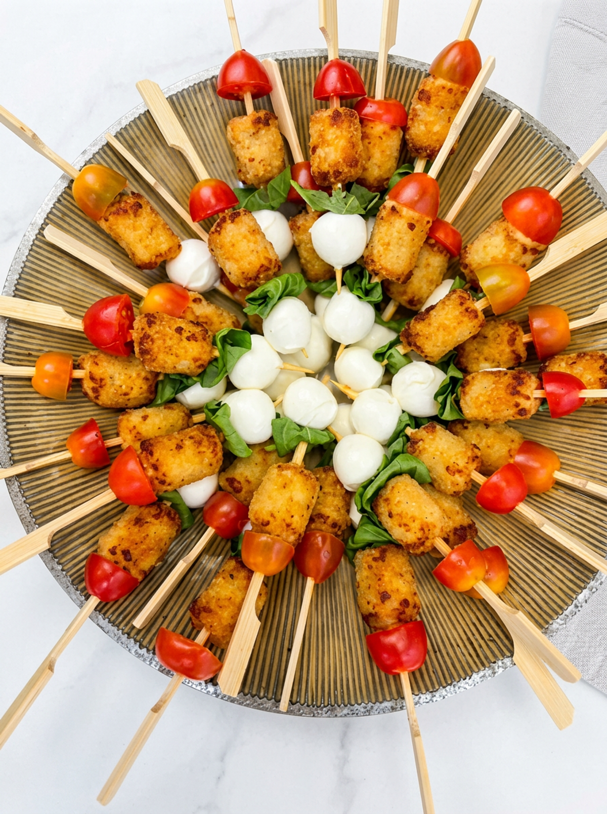 Radial platter of skewers with bocconcini, cherry tomato, potato bites and basil