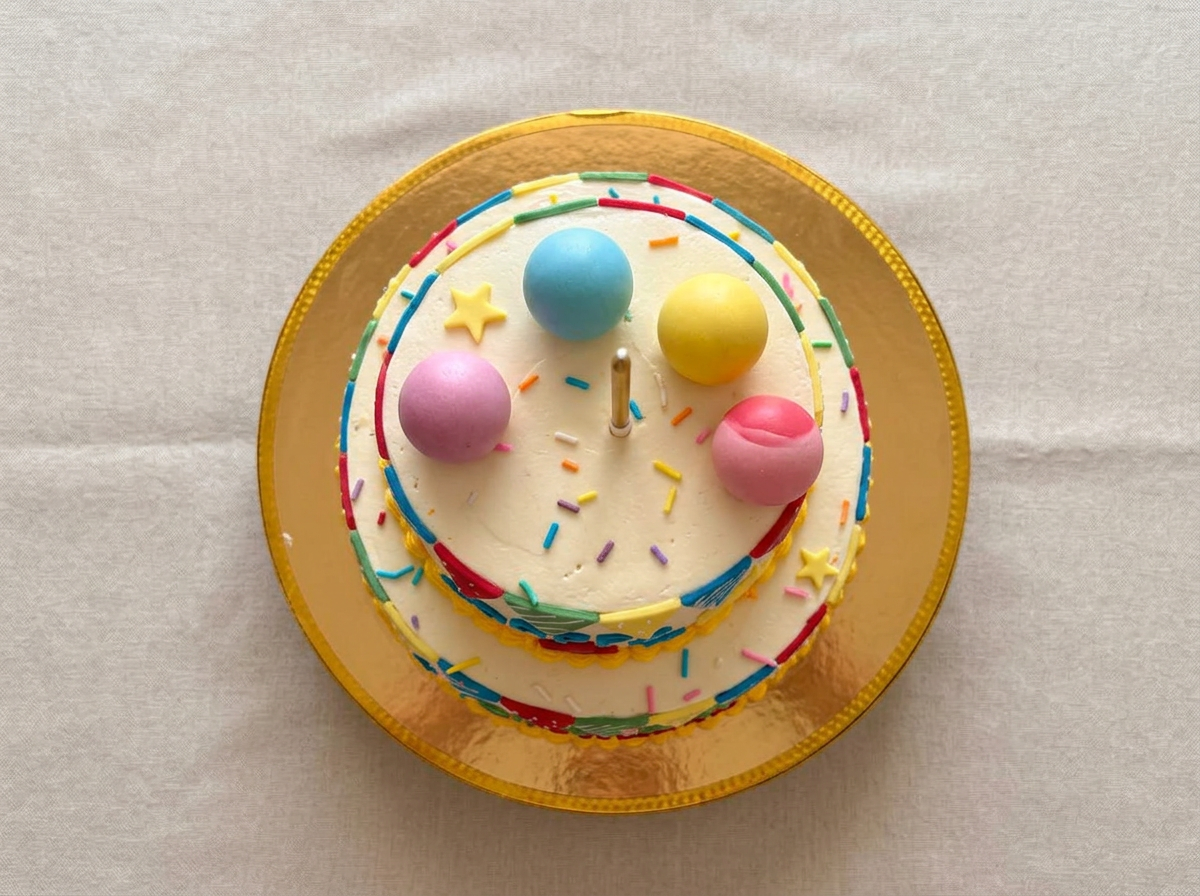 Bunting & Balloons First Birthday Cake — topdown view