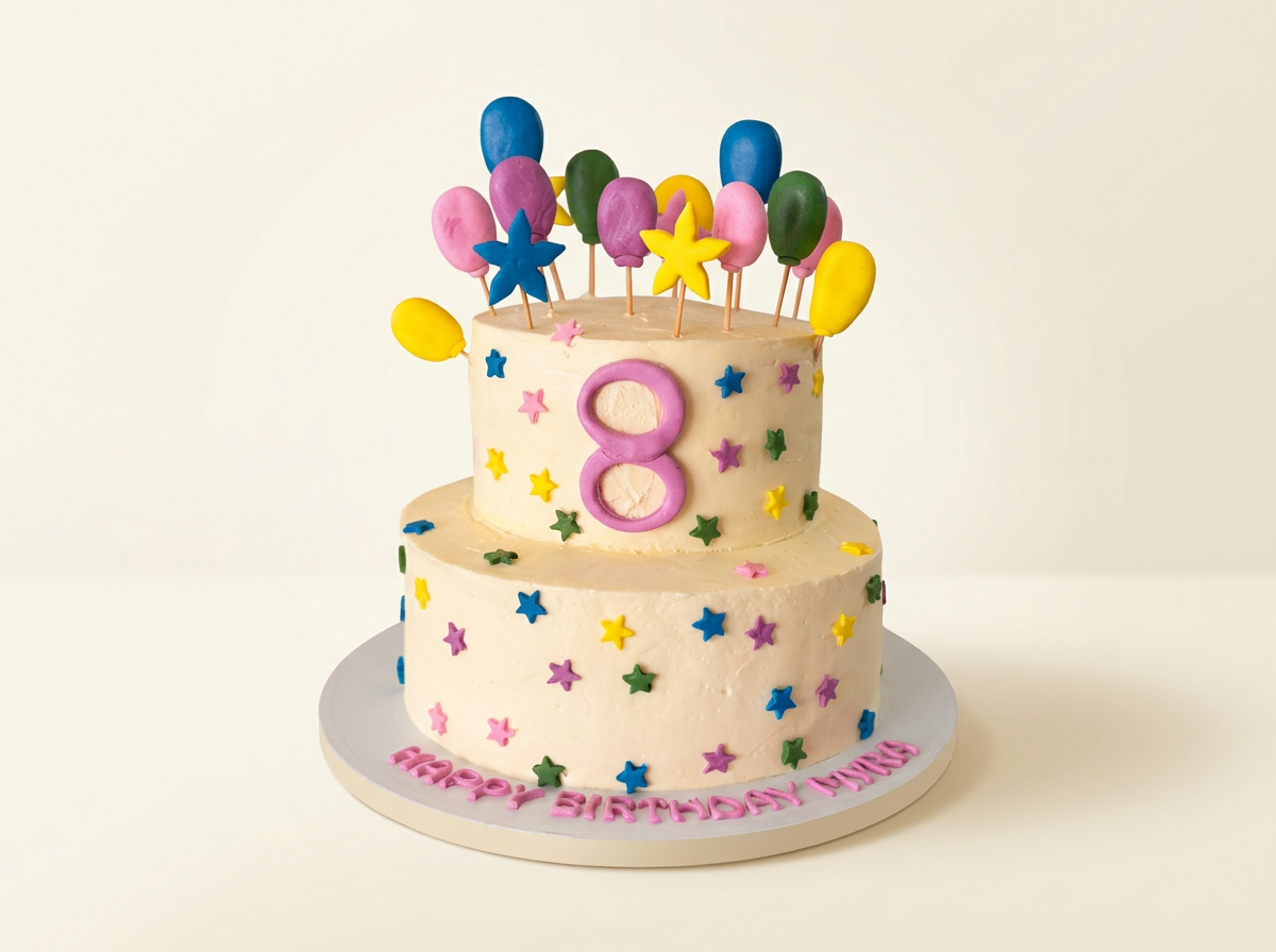 Two-tier cream cake covered in colourful fondant stars with balloon and star toppers and a number topper