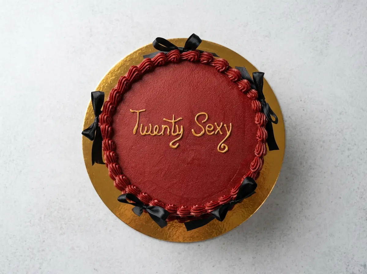 Deep Red 'Twenty Sexy' Birthday Cake — topdown view
