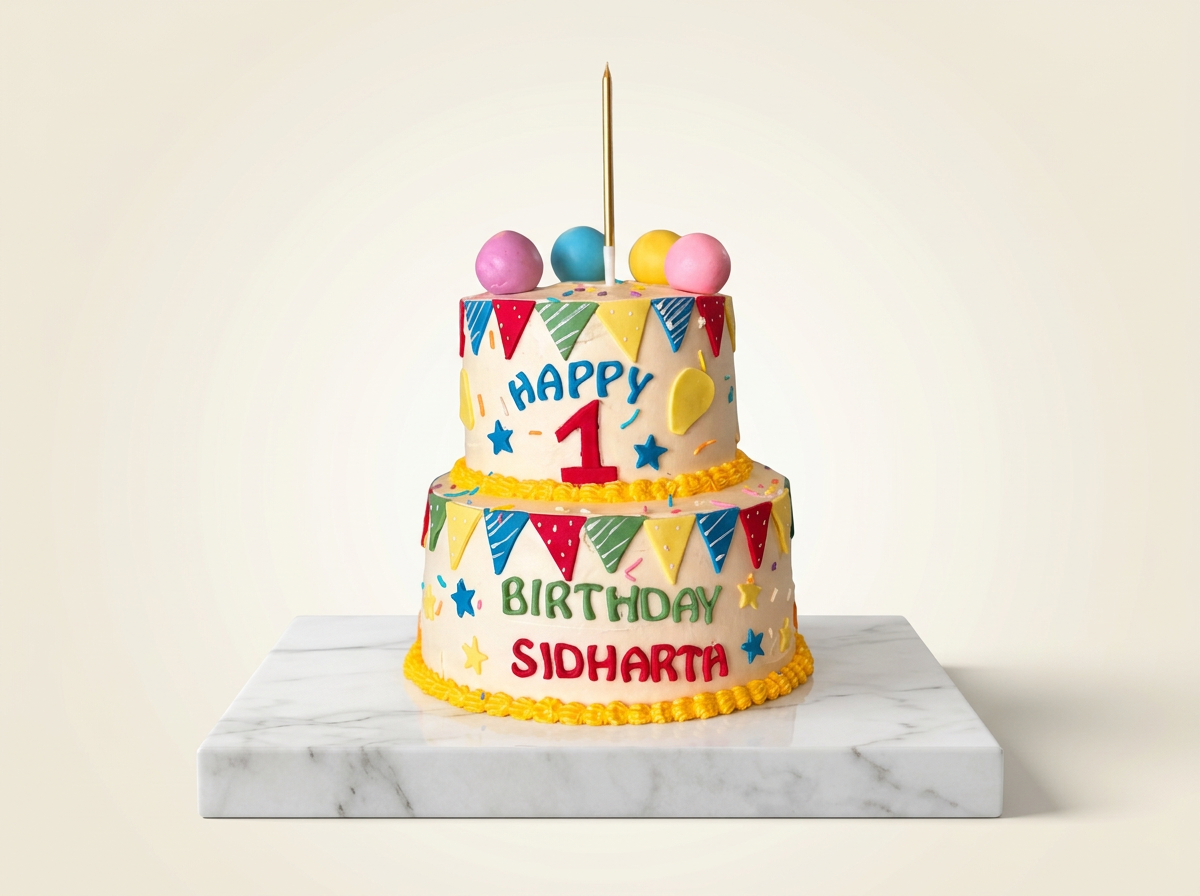 Two-tier cream cake with colourful fondant bunting flags, sprinkles and pastel balloon toppers