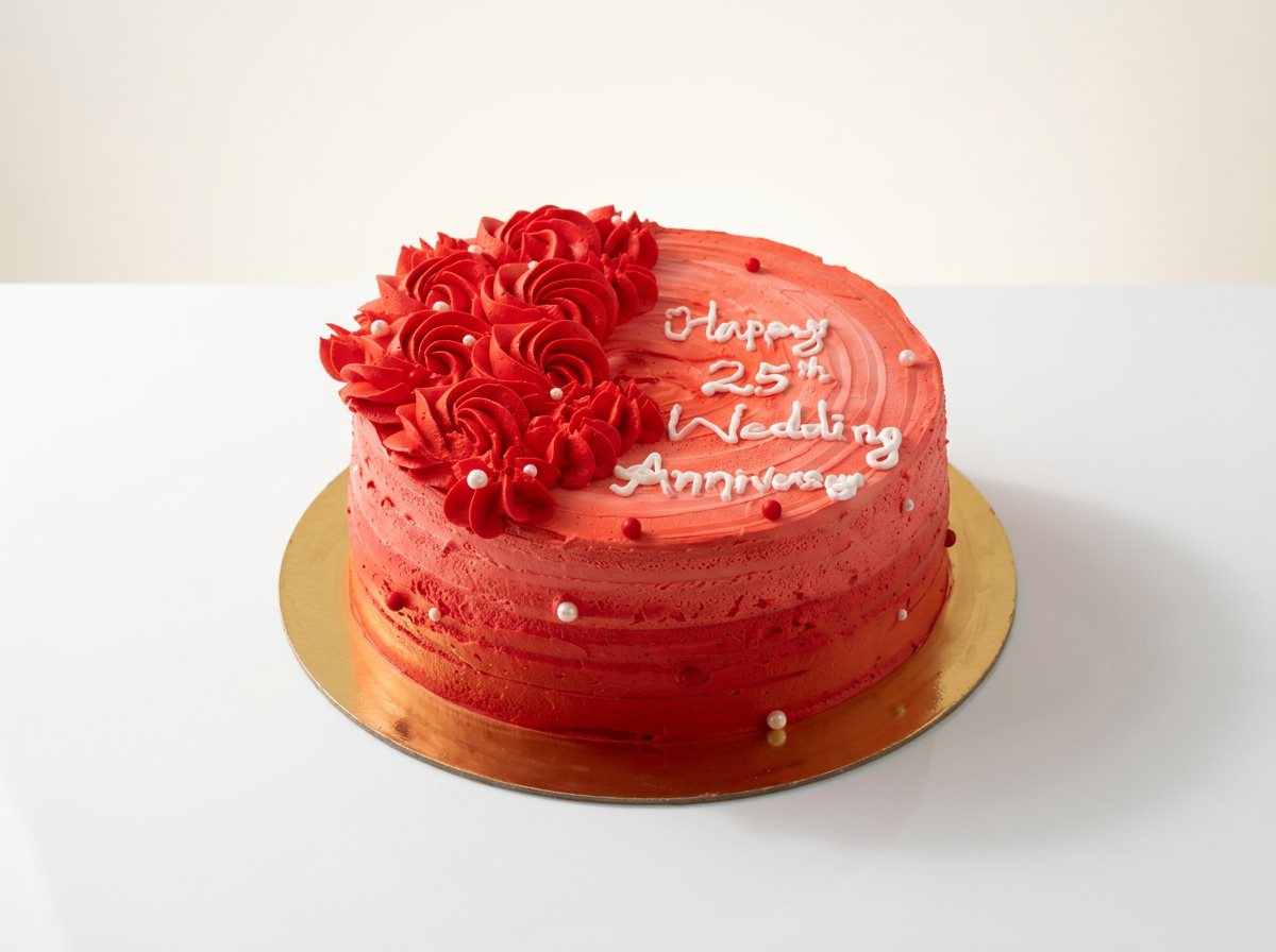 Red Rosette 25th Anniversary Cake — studio view