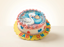 Round baby shower cake with an edible stork carrying a baby print and pink and blue piped ruffle border
