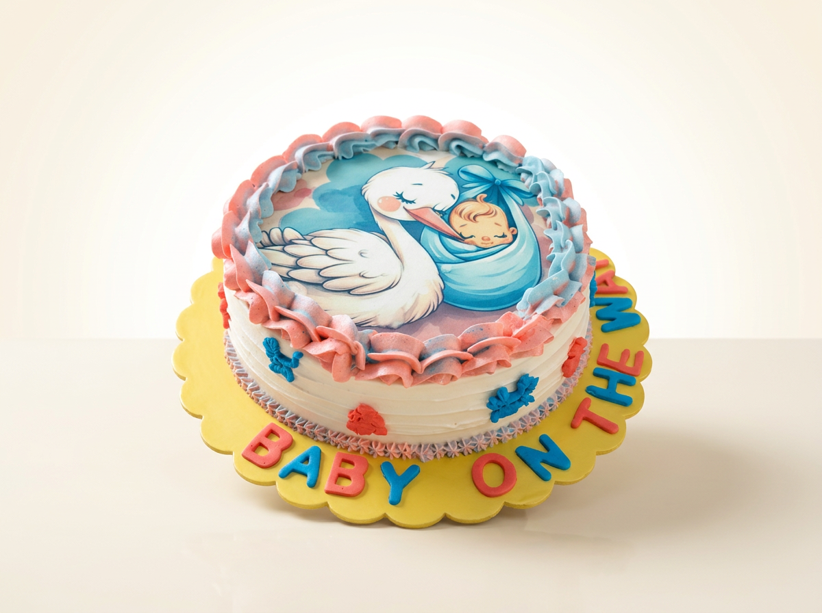 Round baby shower cake with an edible stork carrying a baby print and pink and blue piped ruffle border