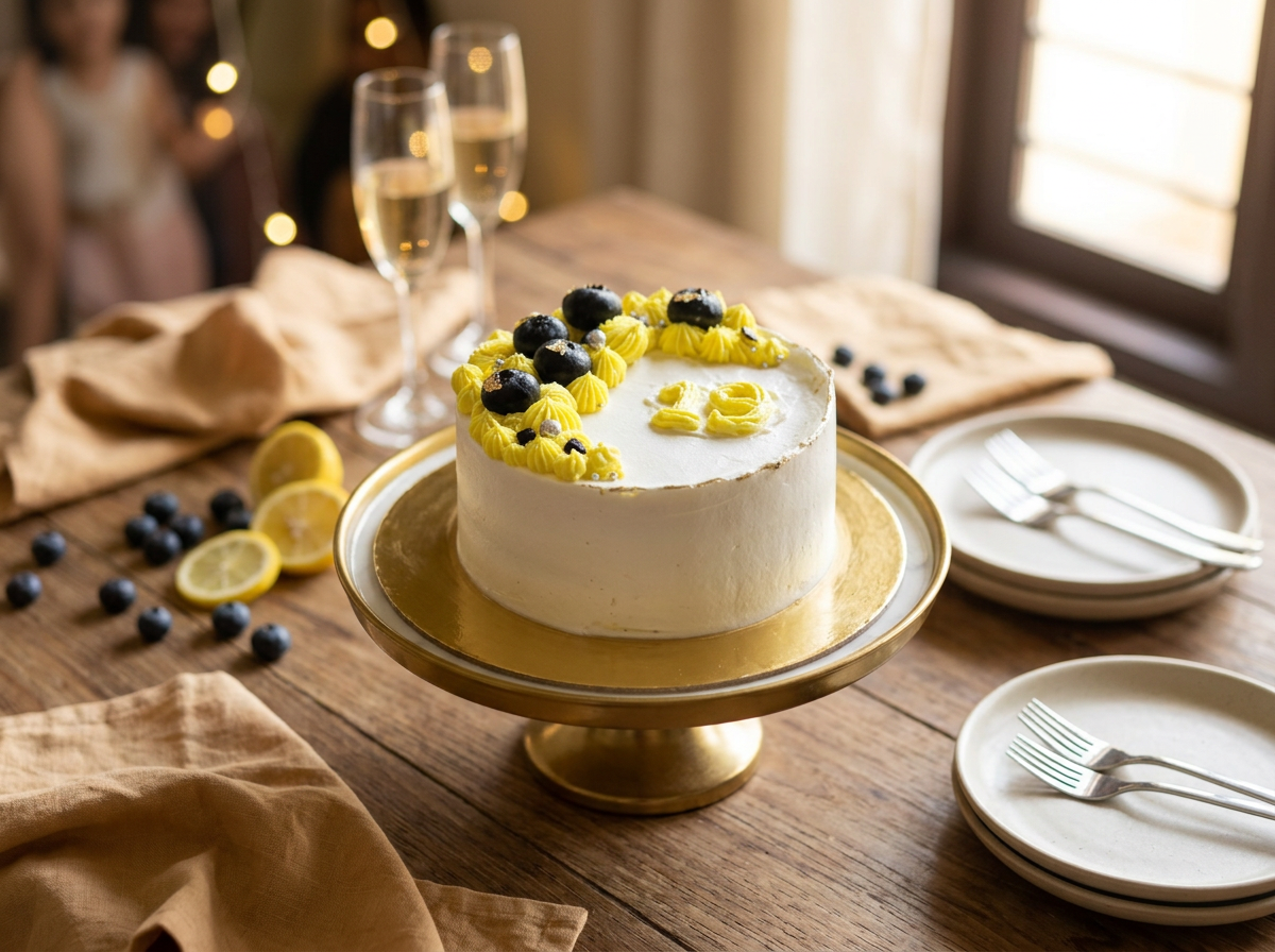 White cake with a crescent of lemon-yellow buttercream rosettes, fresh blueberries and a piped number nineteen
