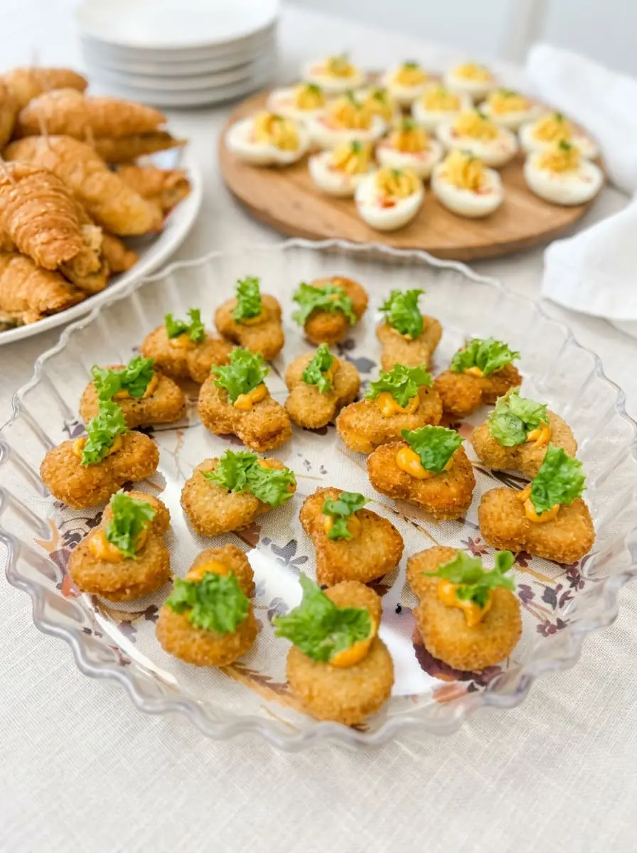 Golden crumbed croquette bites with lettuce and sauce on a glass platter