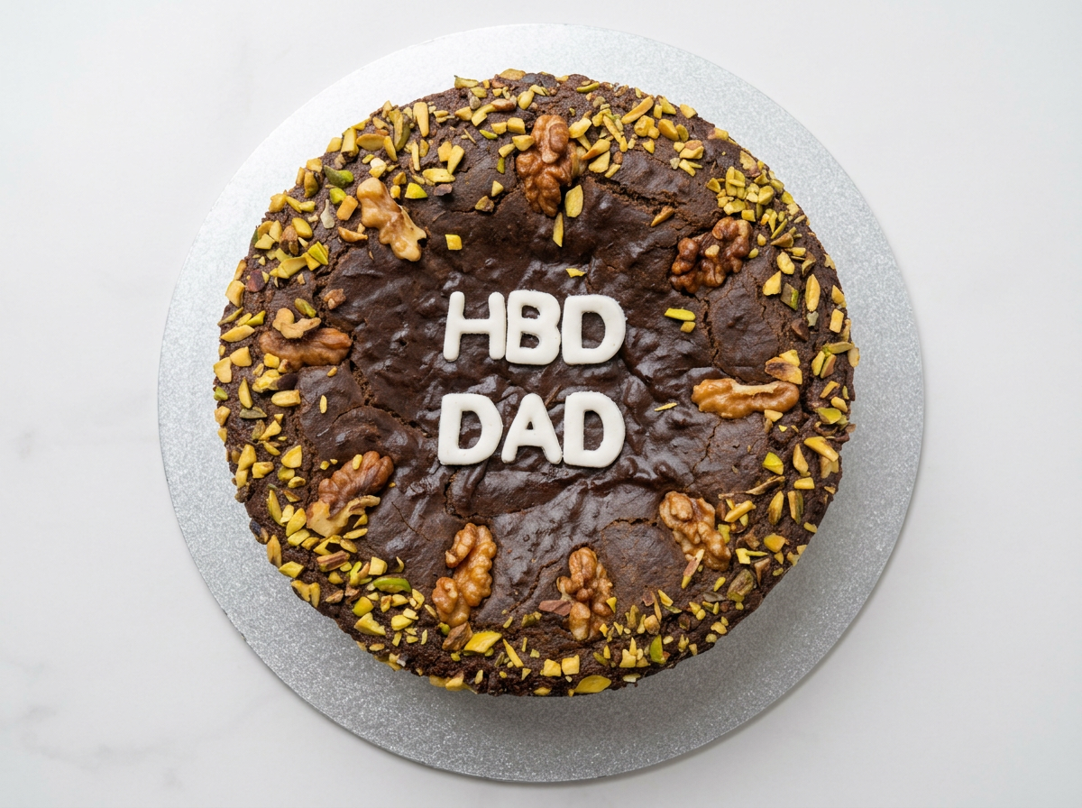 Walnut & Pistachio 'HBD Dad' Cake — topdown view