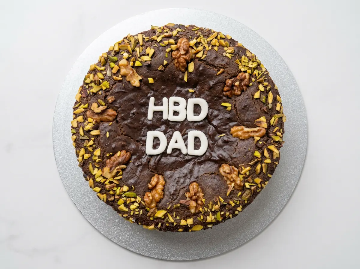 Walnut & Pistachio 'HBD Dad' Cake — topdown view