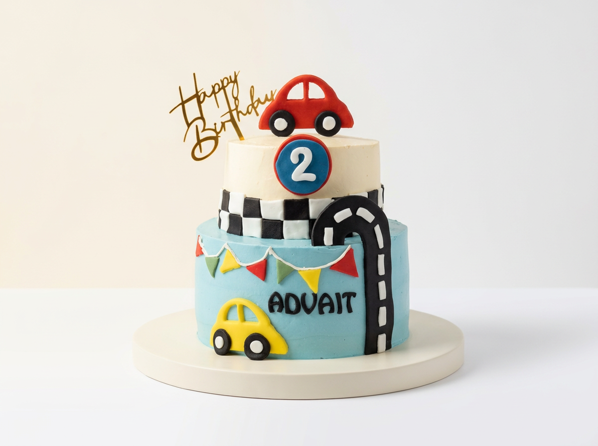 Two-tier car and racing themed cake with fondant cars, a checkered flag band and a race track