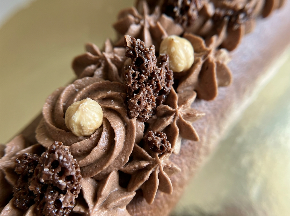 Chocolate Hazelnut Yule Log — closeup view