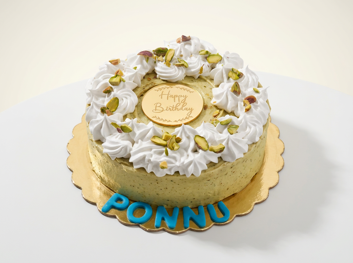 Pistachio Cream Rosette Birthday Cake — studio view