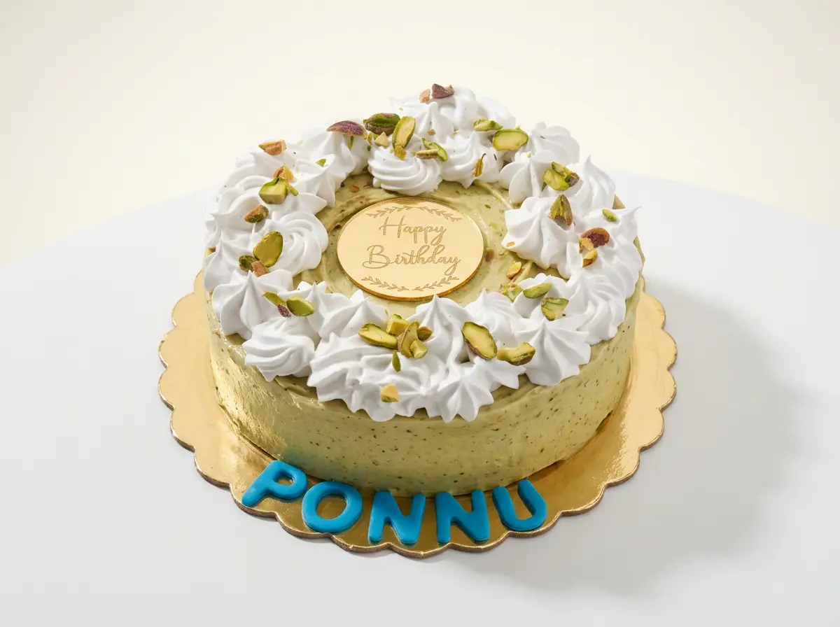 Pistachio Cream Rosette Birthday Cake — studio view
