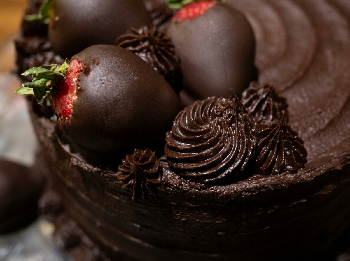 Chocolate & Strawberry Ganache Cake — closeup view