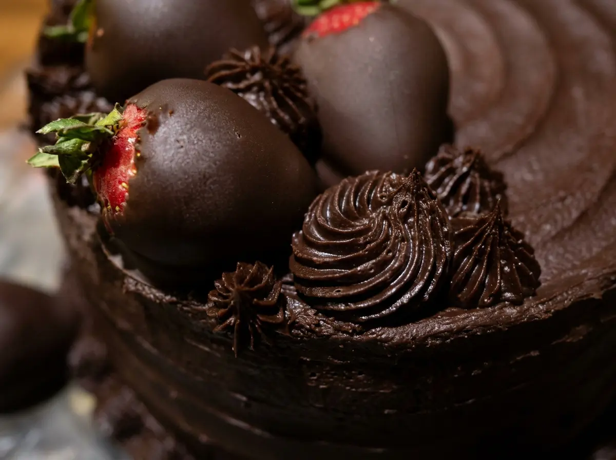 Chocolate & Strawberry Ganache Cake — closeup view