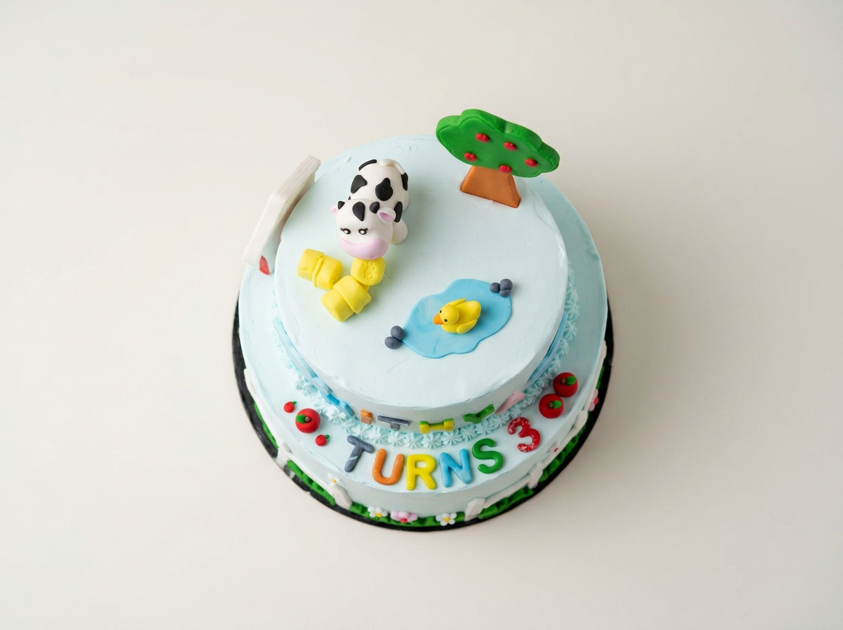 Farmyard 'Turns Three' Red Velvet Cake — topdown view