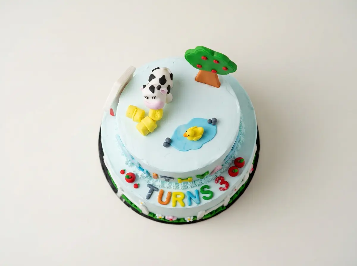 Farmyard 'Turns Three' Red Velvet Cake — topdown view