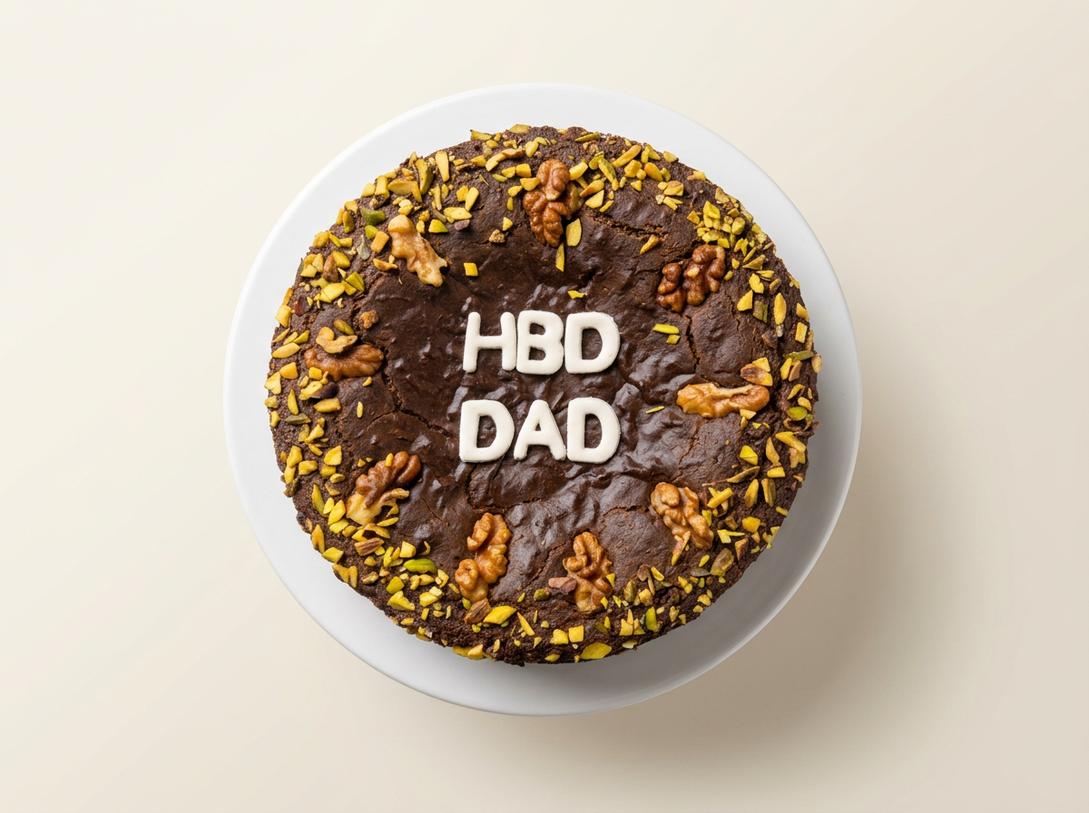 Naturally date-sweetened cake with no cream, topped with walnut halves and crushed pistachios