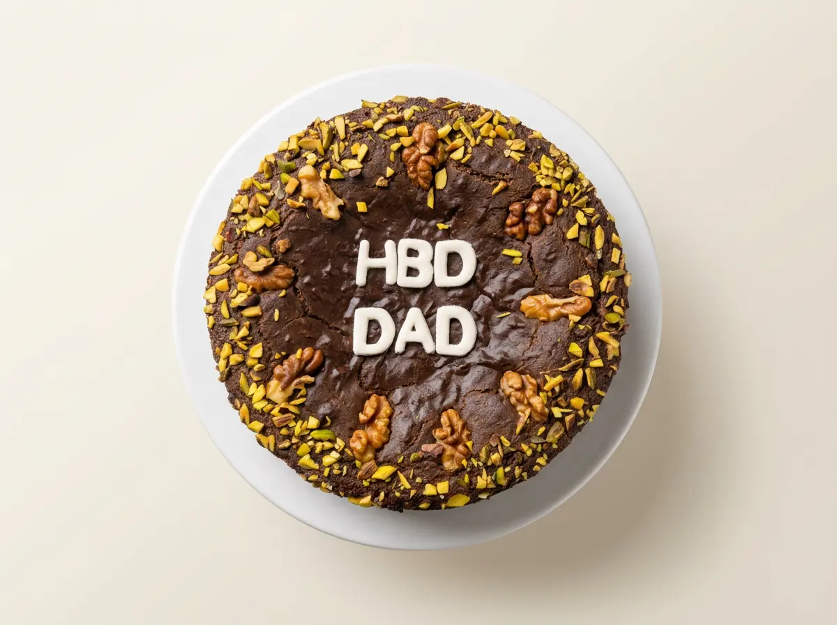Naturally date-sweetened cake with no cream, topped with walnut halves and crushed pistachios