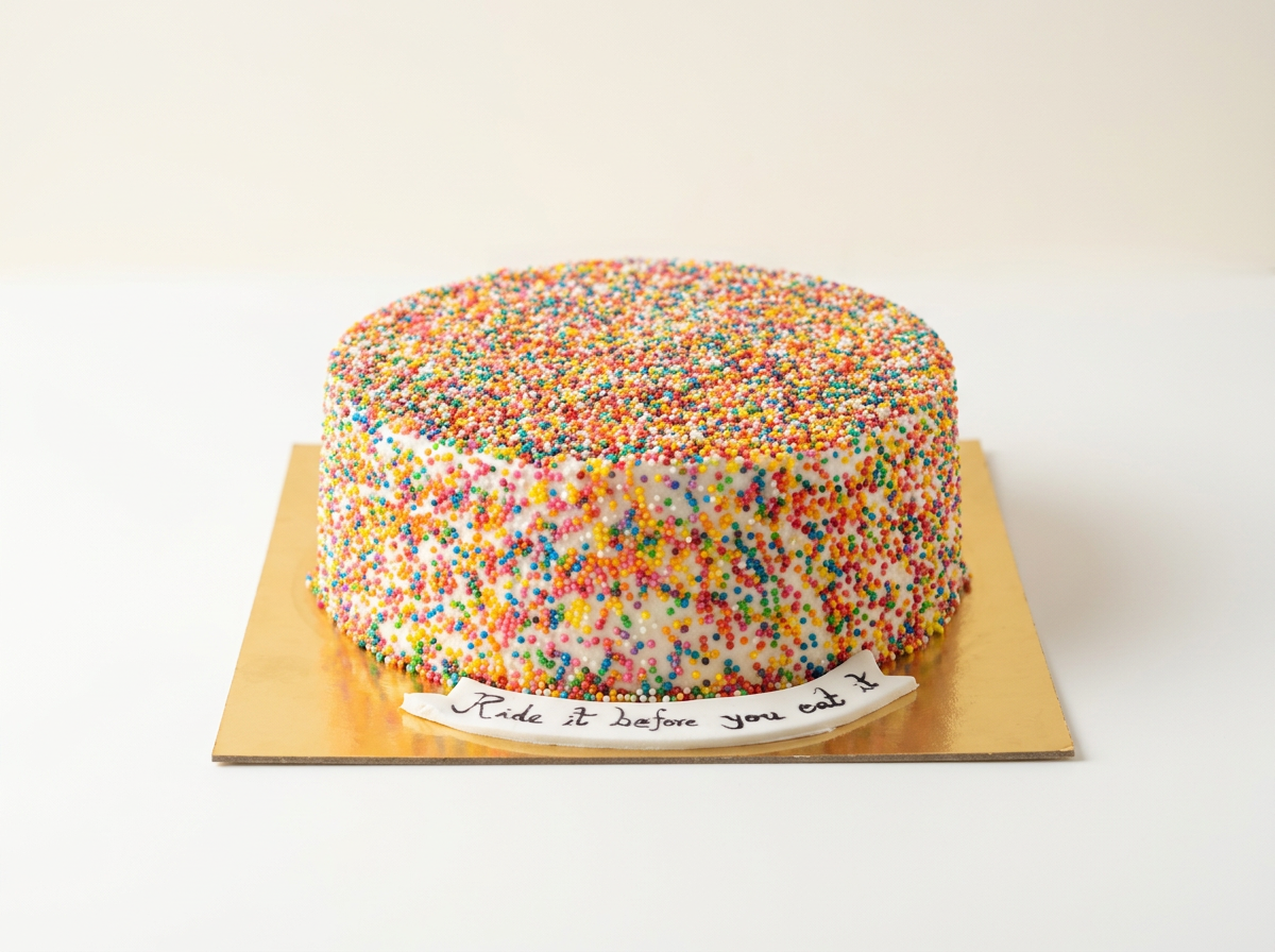 Round cake completely coated in rainbow nonpareil sprinkles with a hand-piped message banner