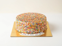 Round cake completely coated in rainbow nonpareil sprinkles with a hand-piped message banner