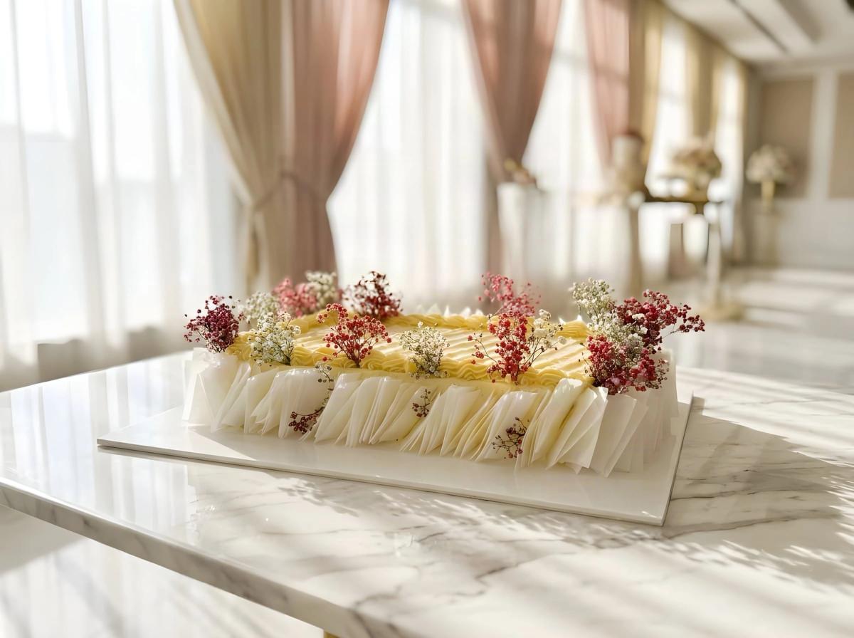 A long wafer-pleated floral sheet cake on a marble table in soft daylight, pleated wafer-paper sides, piped gold trim and dried florals along the top