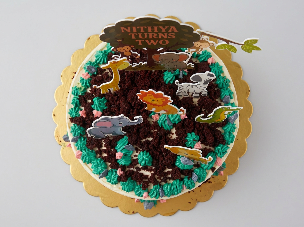Cream buttercream cake with chocolate-crumb soil, piped green grass and cartoon jungle animal toppers around a tree topper