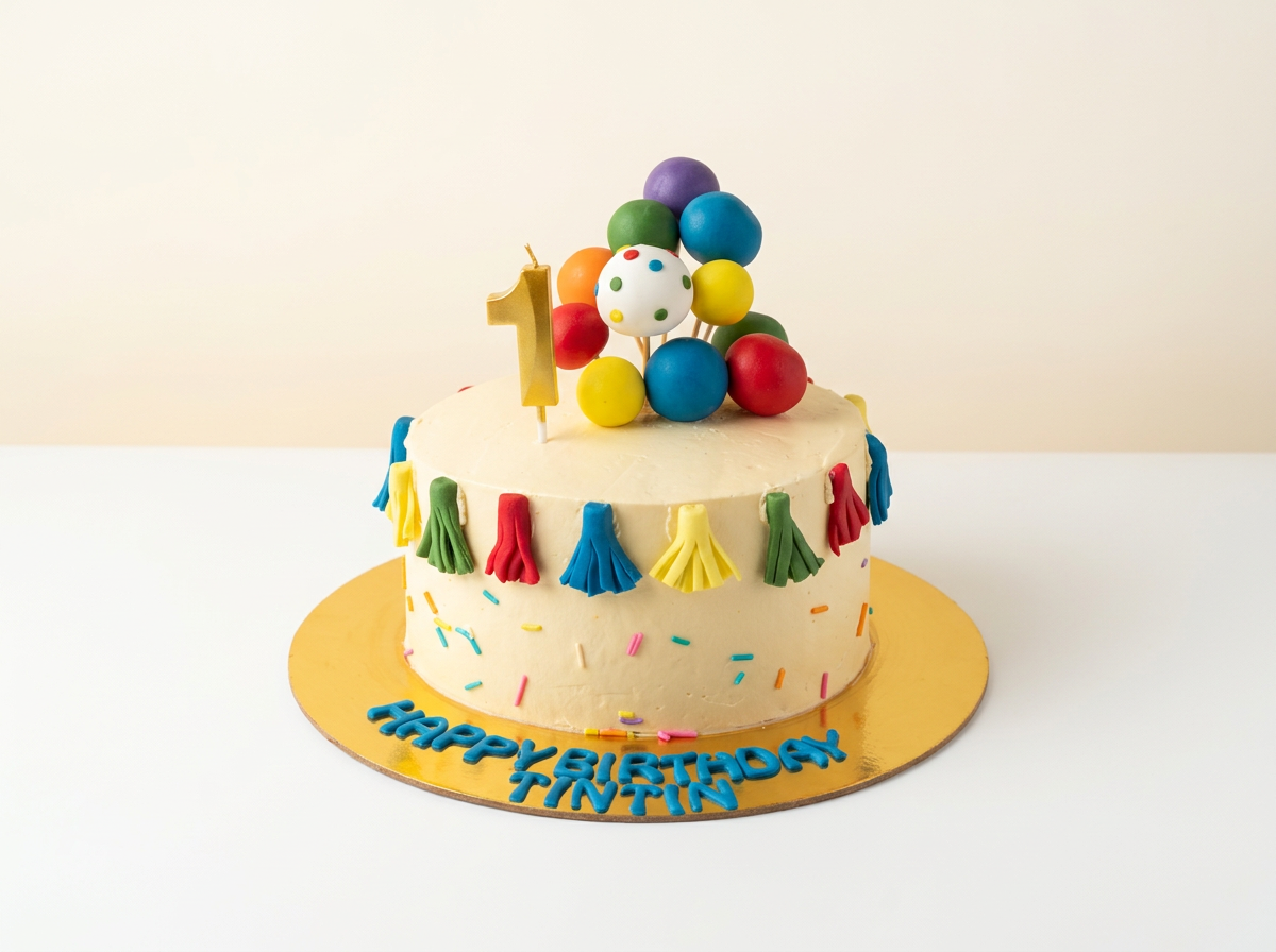 Cream buttercream cake with colourful fondant tassels, sprinkles and a balloon-cluster topper