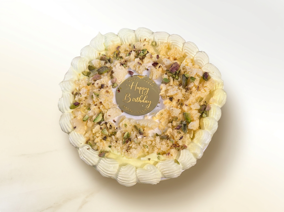 Rasmalai cake with saffron sponge, garnished with a cream wreath and crushed pistachios