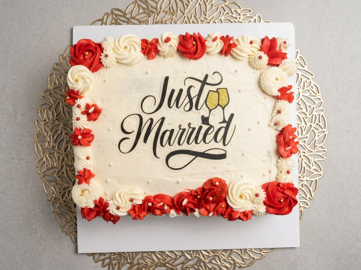 Red & White 'Just Married' Cake — topdown view