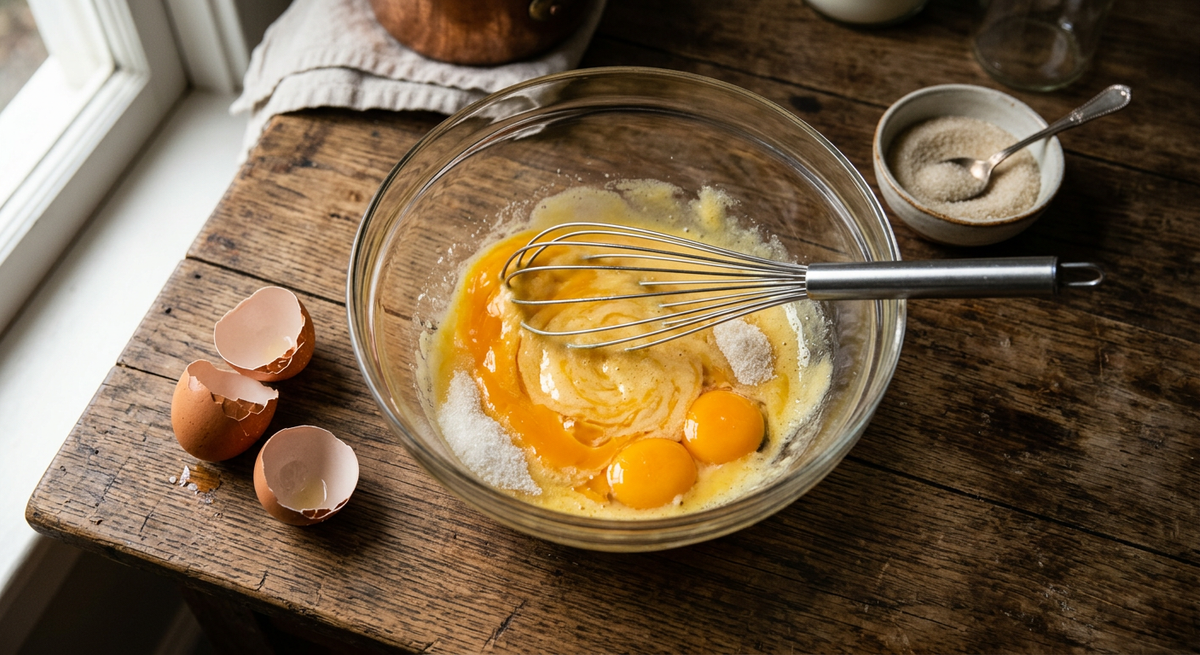 Egg yolks and sugar being whisked into zabaglione — the base of traditional tiramisu cream