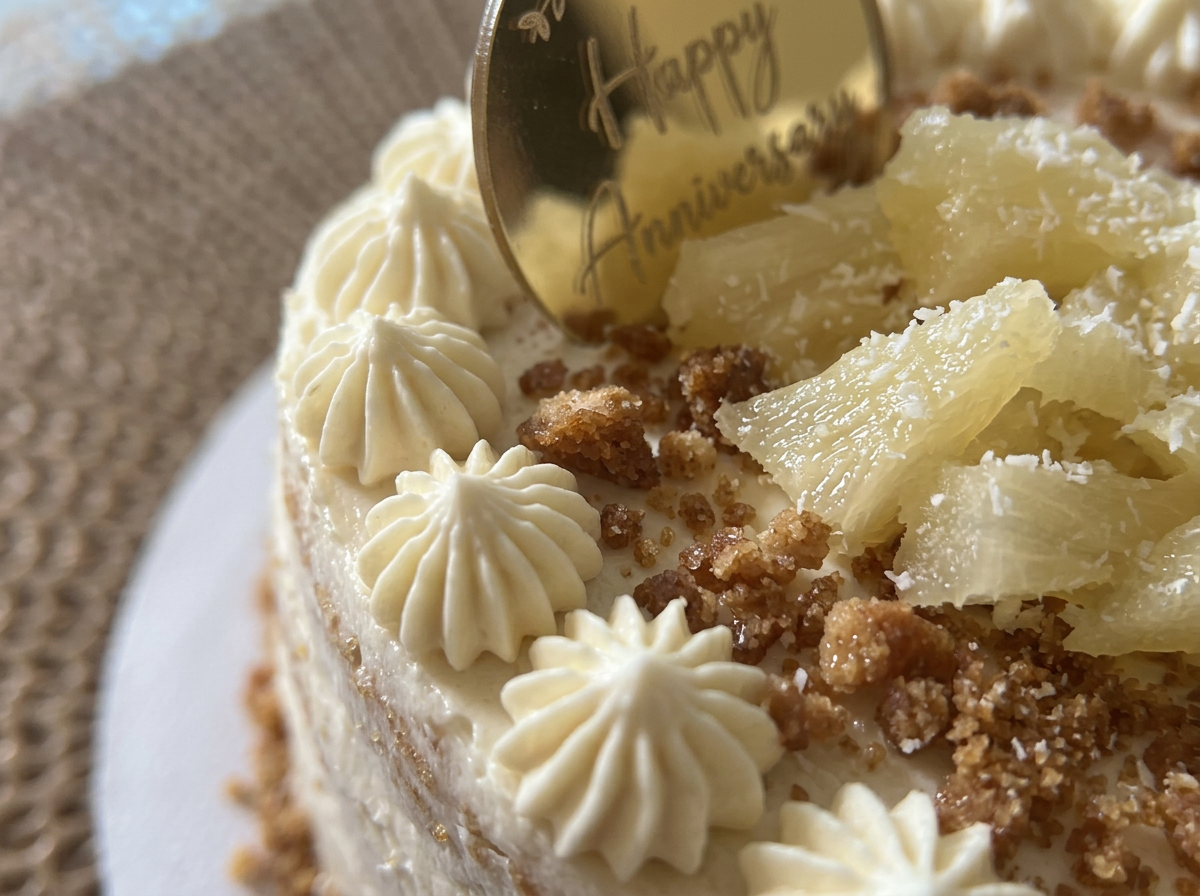 Pineapple Cream Anniversary Cake — closeup view