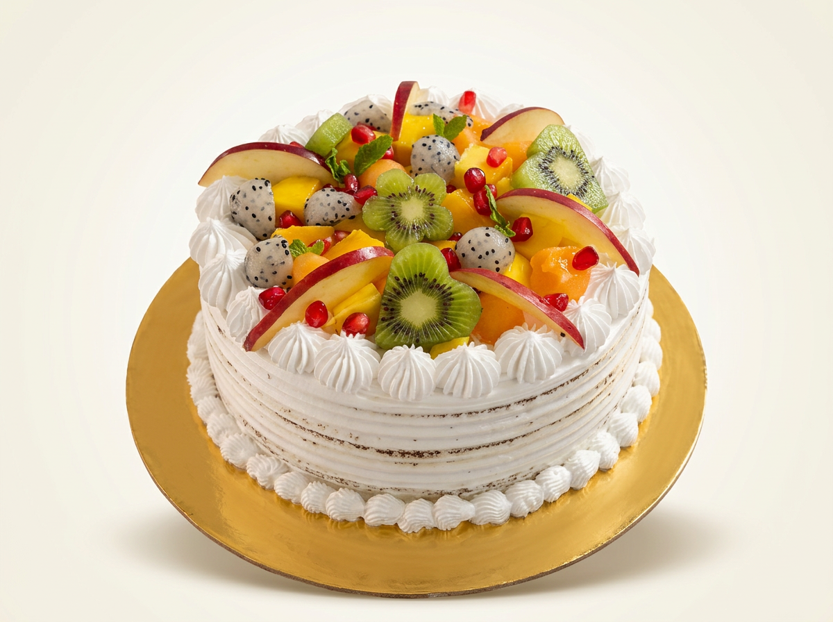 White cream cake topped with fresh apple slices, melon balls, banana and pomegranate with a personalised name