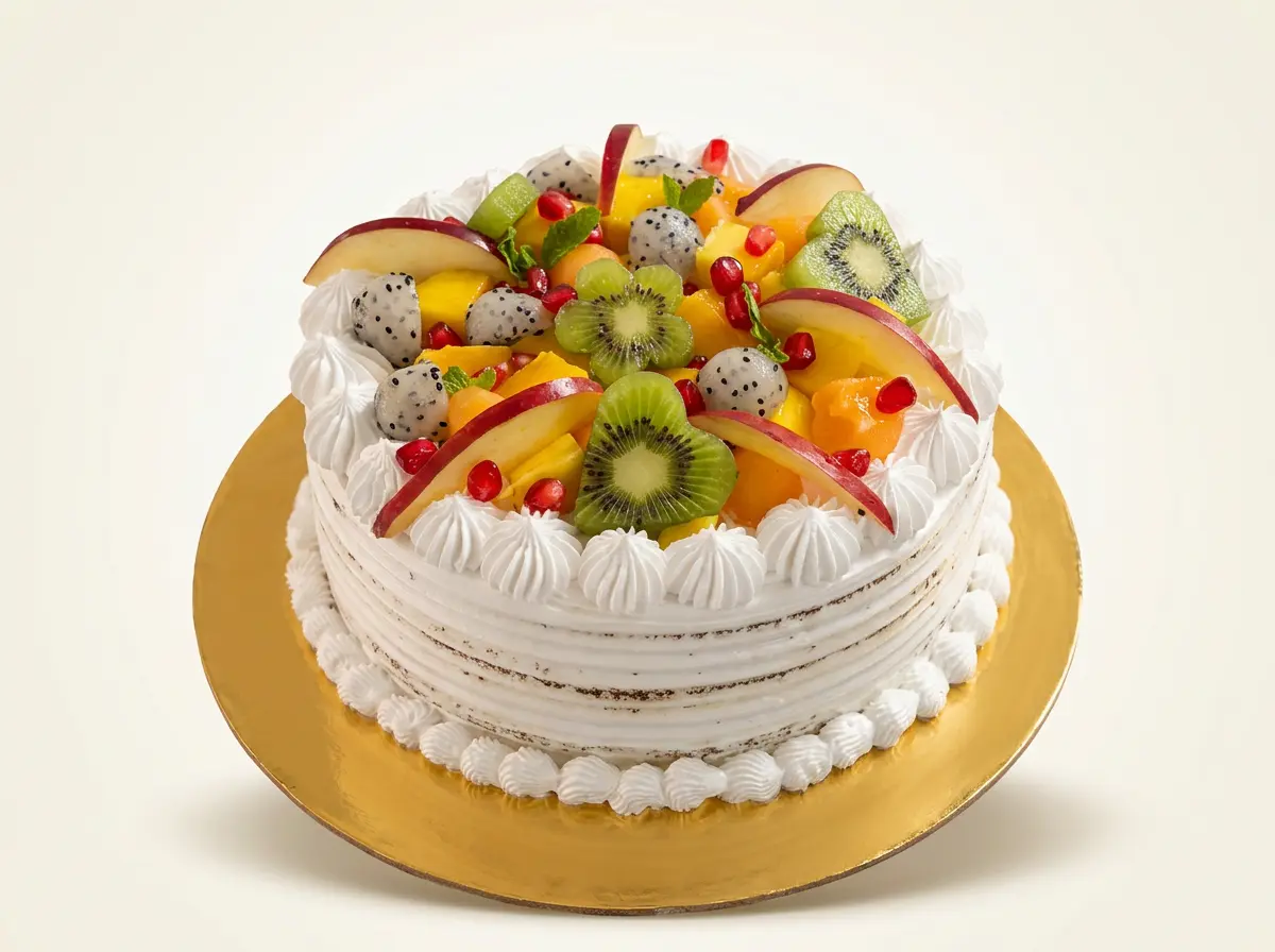 White whipped-cream cake topped generously with kiwi, dragon fruit, mango, apple slices and pomegranate on a gold board