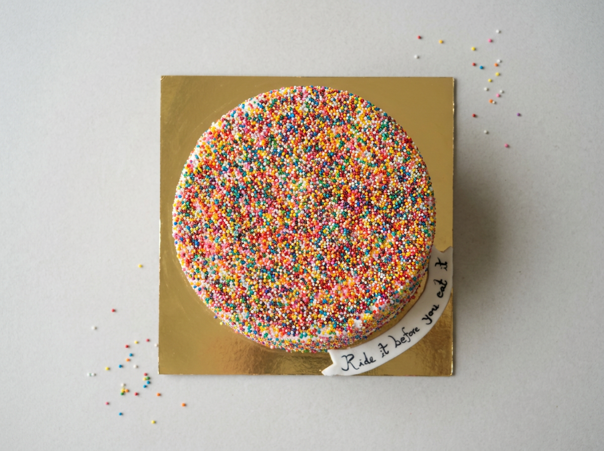 Rainbow Sprinkle Confetti Cake — topdown view