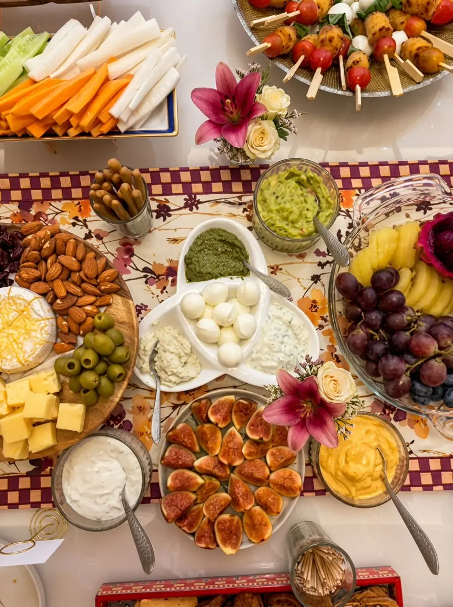 Top-down view of a grazing spread with dips, cheese, figs and fresh flowers