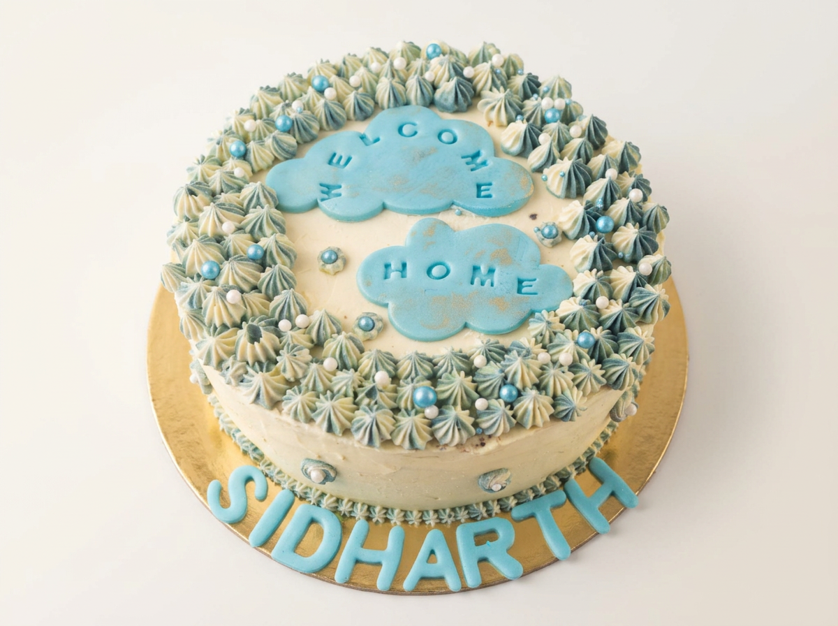 Blue and white buttercream cake covered in piped stars and pearls with Welcome Home cloud toppers