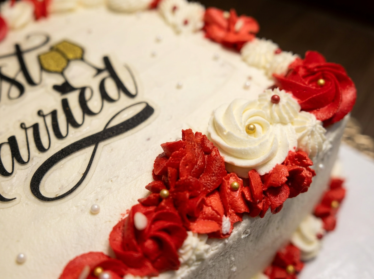 Red & White 'Just Married' Cake — closeup view
