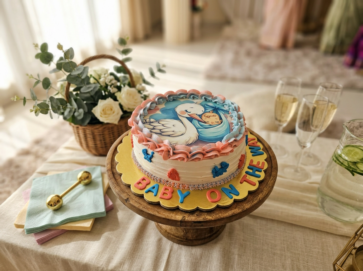 Stork 'Baby On The Way' Shower Cake — lifestyle view