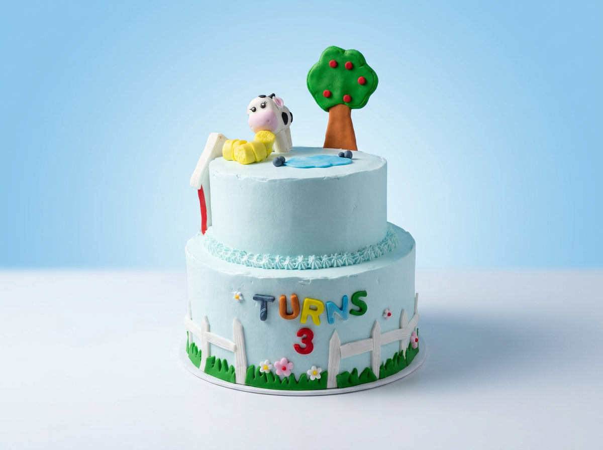 Farmyard 'Turns Three' Red Velvet Cake — studio view