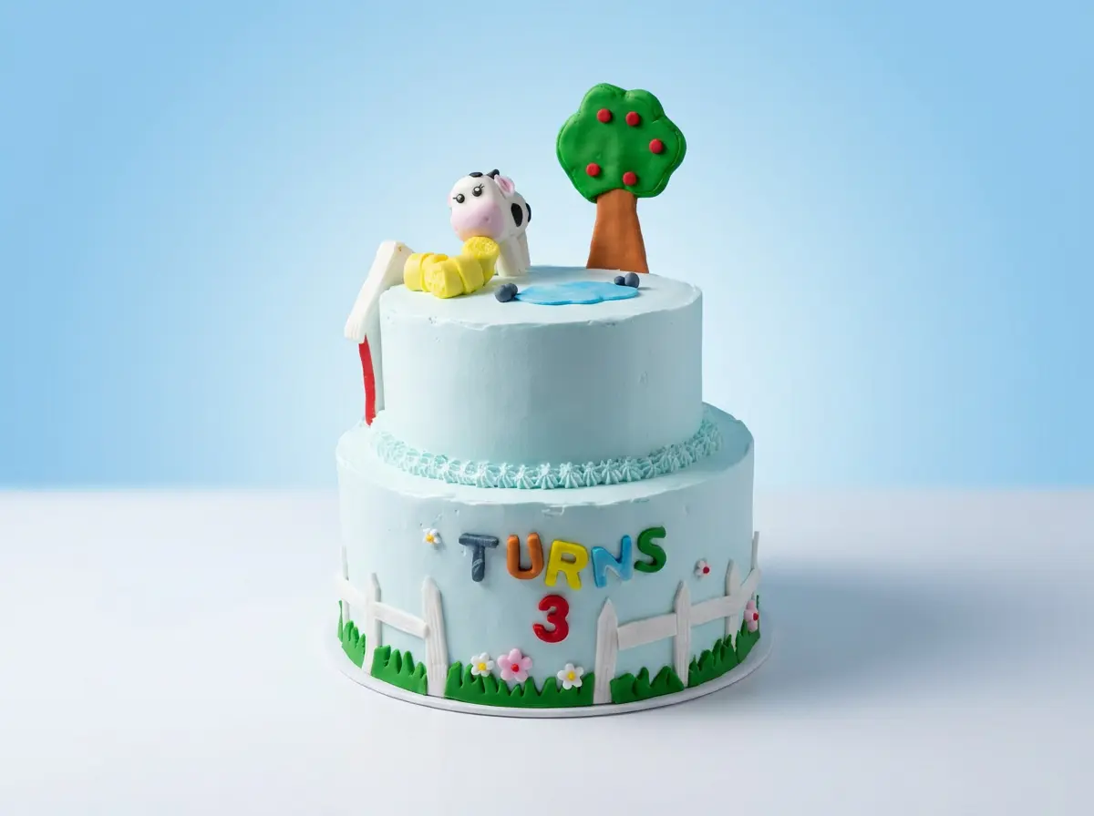 Farmyard 'Turns Three' Red Velvet Cake — studio view