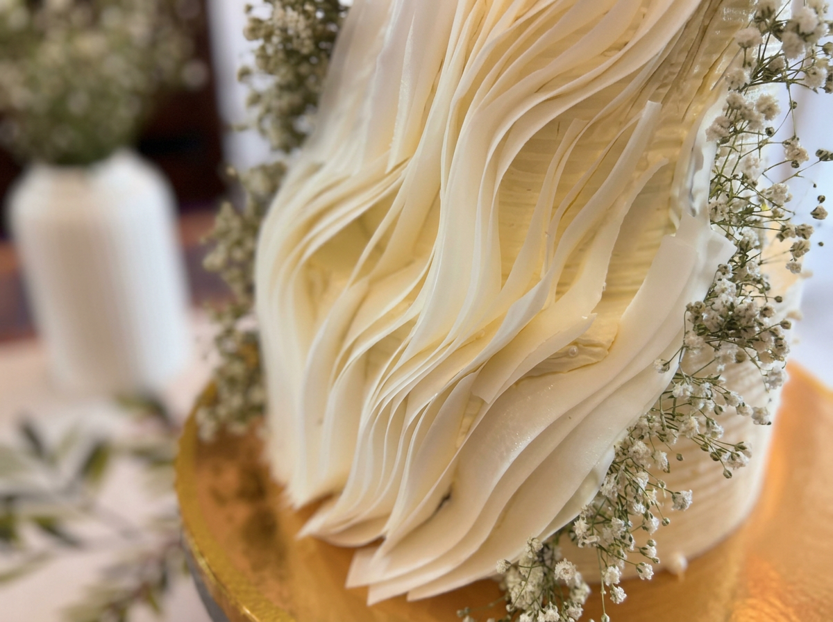 Elegant Engagement Cake with Baby's Breath — closeup view