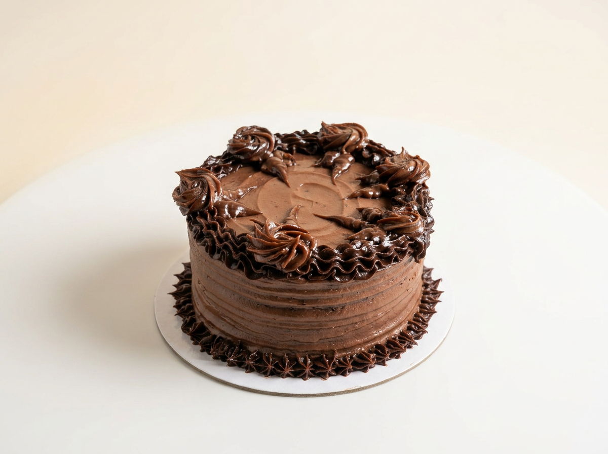 Decadent chocolate cake with 55% and 70% ganache layered between chocolate sponge, finished with piped chocolate rosettes