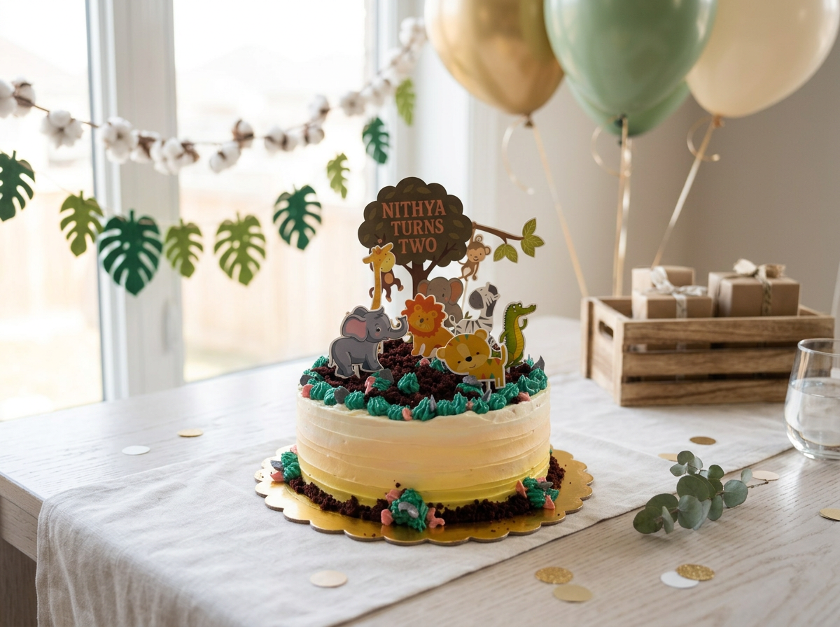 Cream buttercream cake with chocolate-crumb soil, piped green grass and cartoon jungle animal toppers around a tree topper